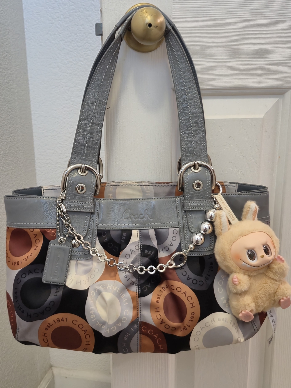 Coach Women's Gray Multi-Color Signature Circle Tote